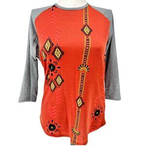 LuLaRoe Randy Top XL Orange Aztec Print 3/4 Gray Sleeves Stretchy Casual Shirt